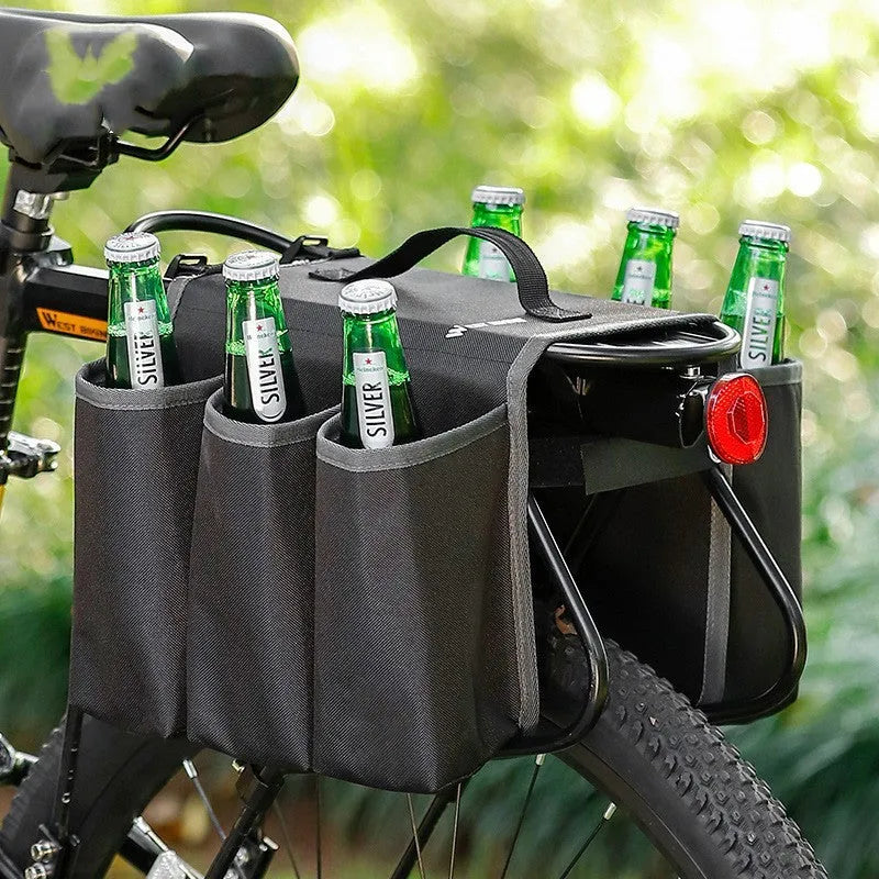 Black and blue orange double-sided bicycle drink shelf bag mounted on handlebars.