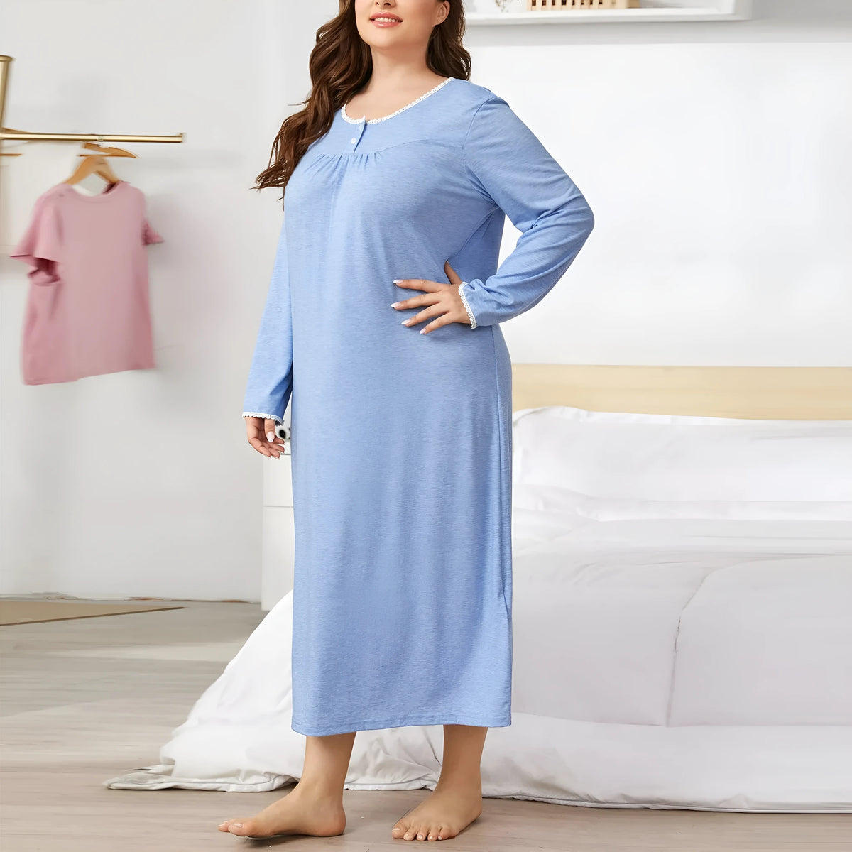 Women's light blue long-sleeved nightdress with lace stitching and pleated detailing