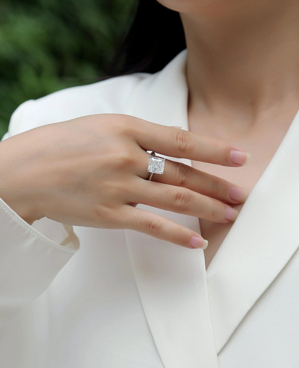 Heart-shaped moissanite wedding ring set in S925 silver with platinum plating, square 10x10mm stone, sizes 5-9, gift box