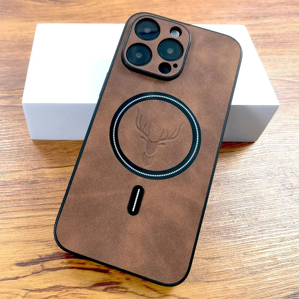 Magnetic sheepskin pattern imitation leather iPhone case in black, shockproof soft shell with anti-fingerprint and heat dissipation functions.