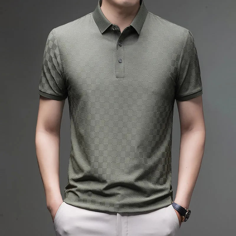 Man wearing a thin black T-shirt with a rhombus-shaped slit detail on the chest.