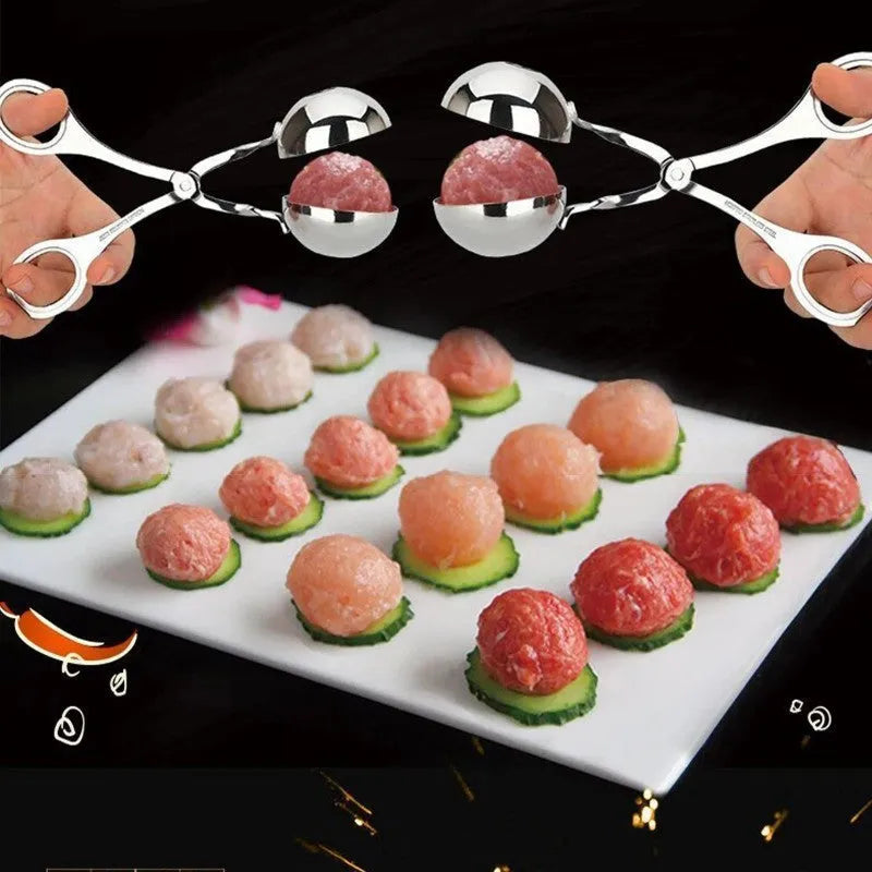 Stainless steel meatball maker tool clip with water-polished finish forming a uniform ball