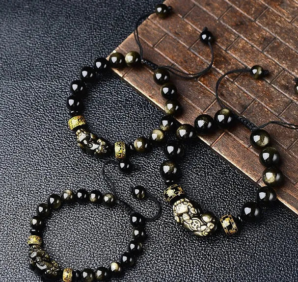 Golden obsidian Pi Xiu bracelet with hand-woven beads in Chinese animal zodiac style