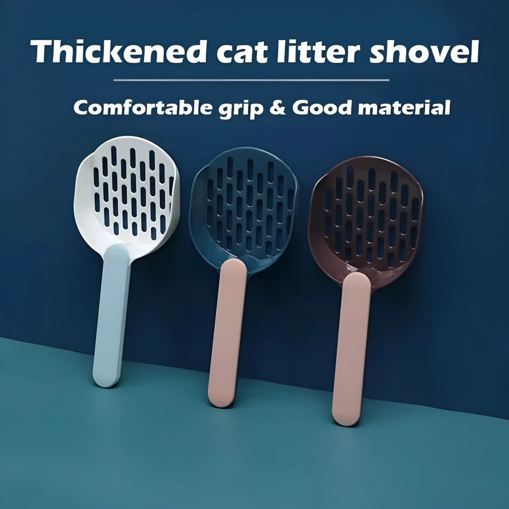 Plastic cat litter shovel with fine mesh sieve in blue, green, or pink colours