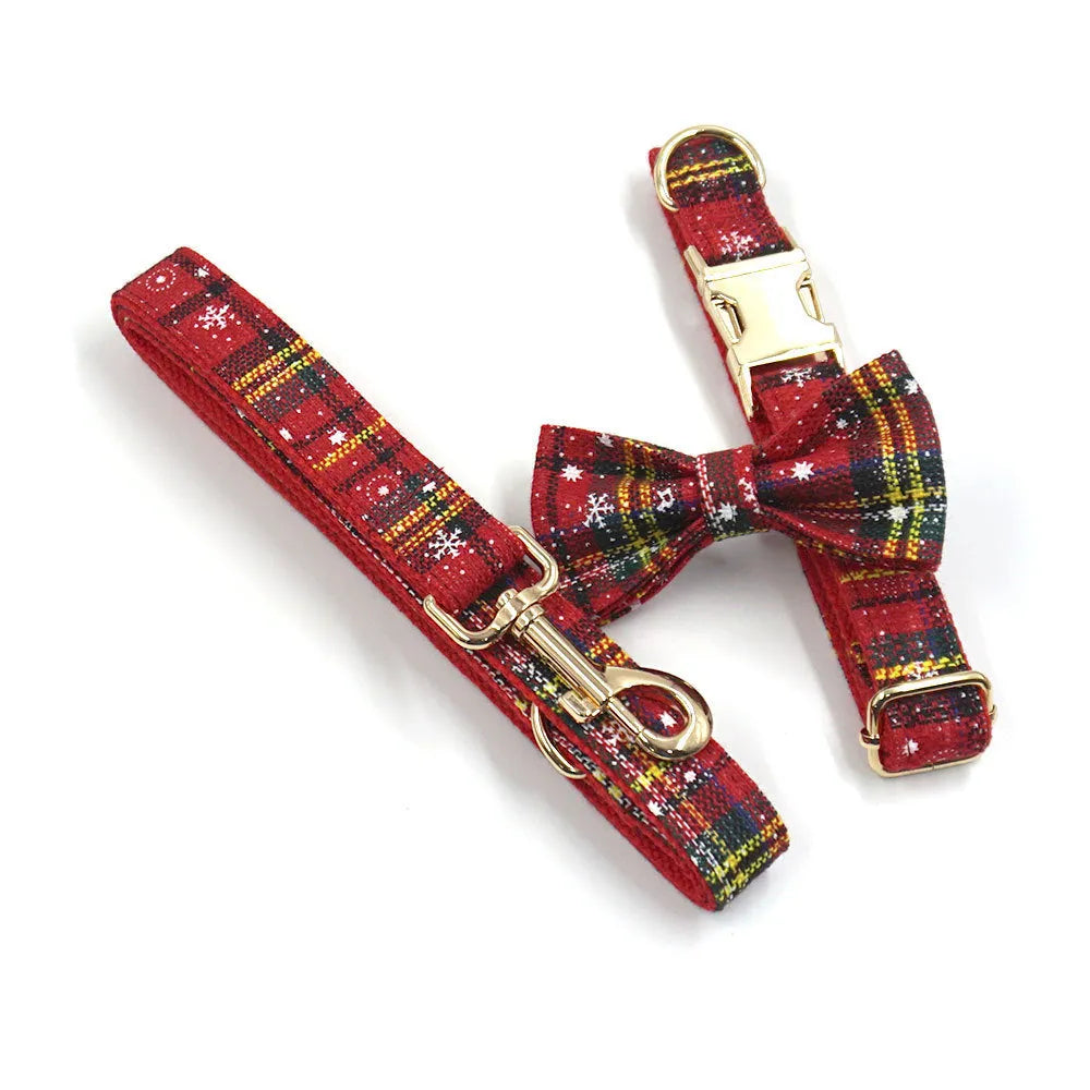 Red Christmas pet collar set with matching harness, traction rope, bow decoration and stool bag in laser sculpture fabric