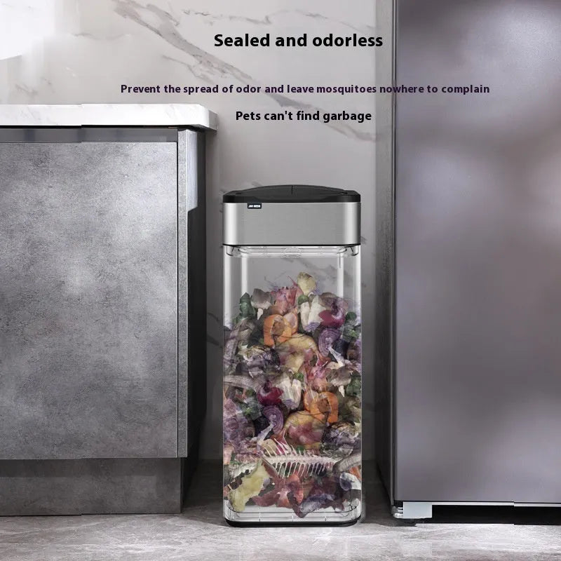 Stainless steel inductive smart trash can with a square shape and deodorant function.