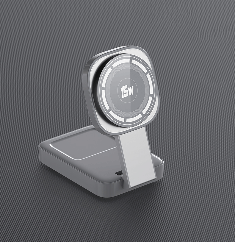 C40 foldable three-in-one wireless charger for mobile phone earphone and Apple Watch in black on a desk