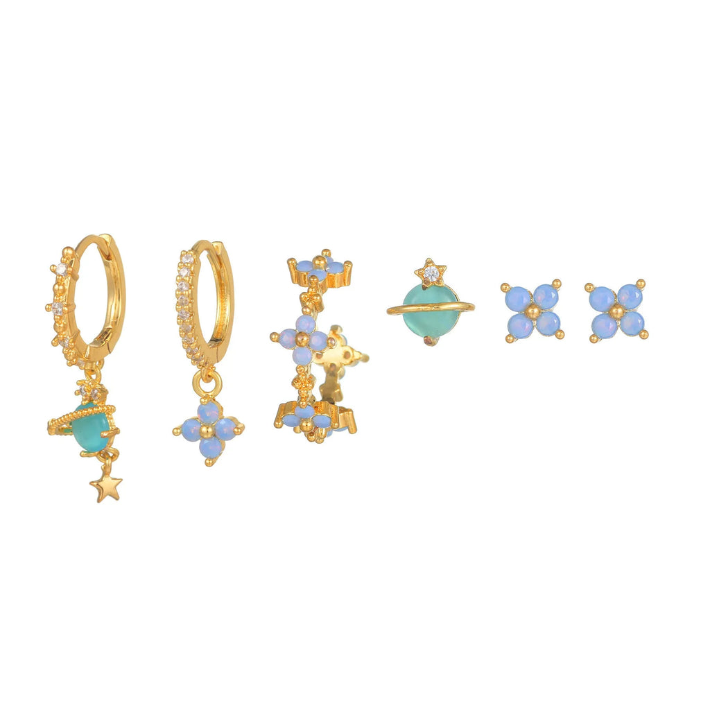 Gold and silver blue floral stud earrings with zircon mosaic on copper.