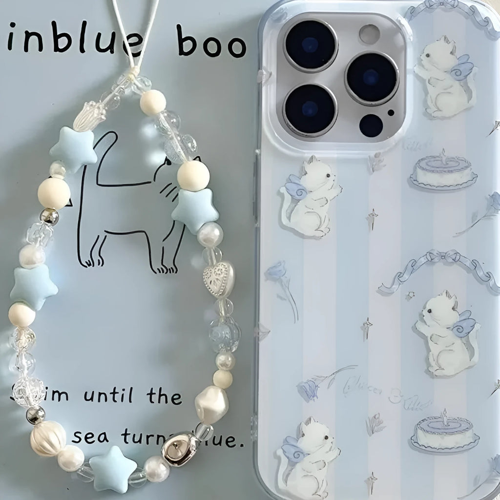 Blue and white striped PC cat lanyard phone case for Apple iPhone 11-16 series with fall protection