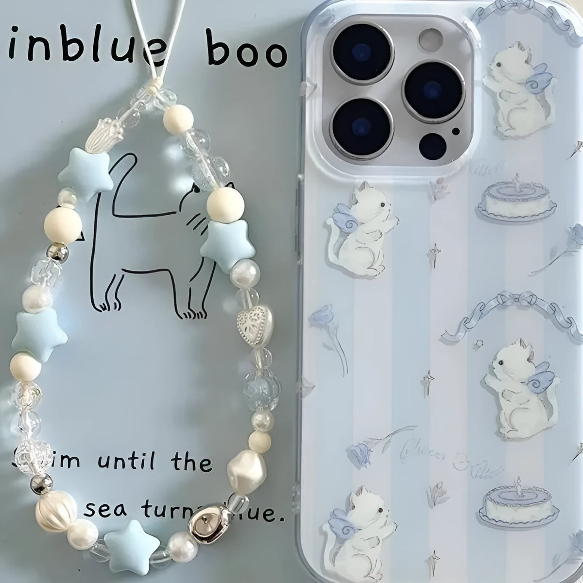 Blue and white striped PC cat lanyard phone case for Apple iPhone 11-16 series with fall protection