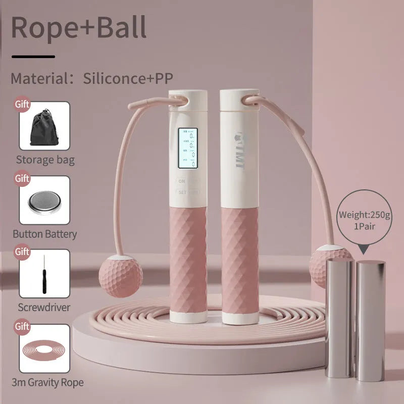 Cordless jumping rope with digital counter and gravity ball in black