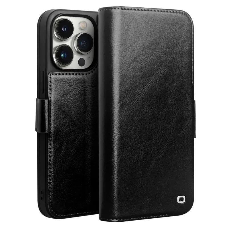 Genuine leather magnetic flip phone case for iPhone 13 and iPhone 14 models in black, brown or colour matching