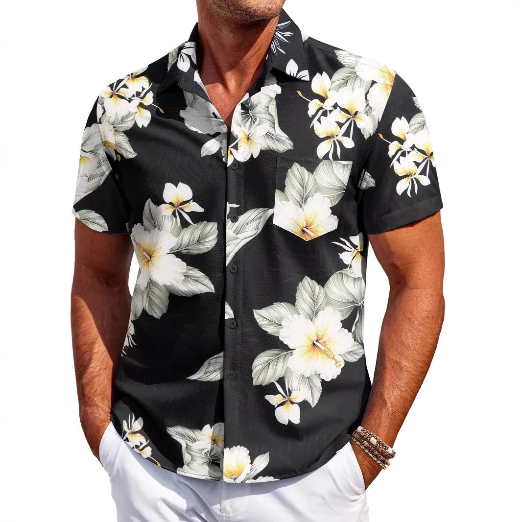 Man wearing a slim fit Hawaiian print short sleeve shirt in four-sided elastic polyester.