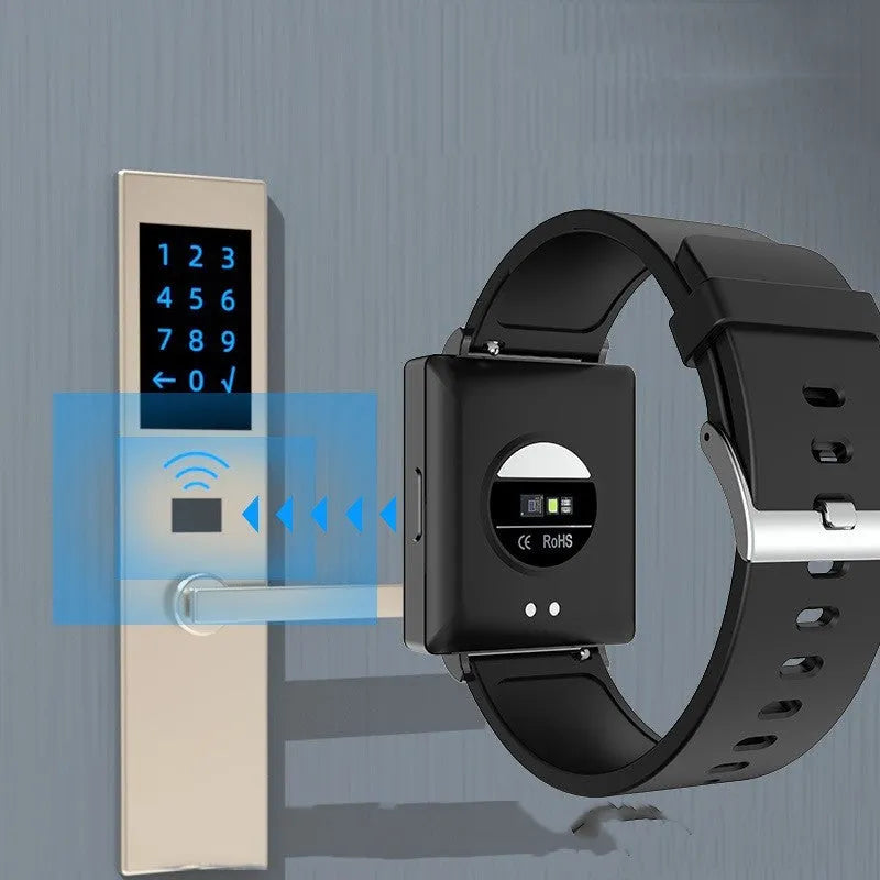 Smart watch with carbon fiber case, black TPU strap, and health monitoring, size 50mm by 36mm