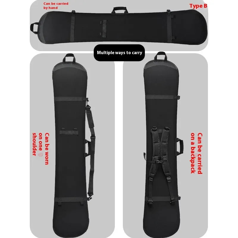 Black double shoulder ski board bag with Velcro veneer fastening, 138cm length, for ski and snowboard carry
