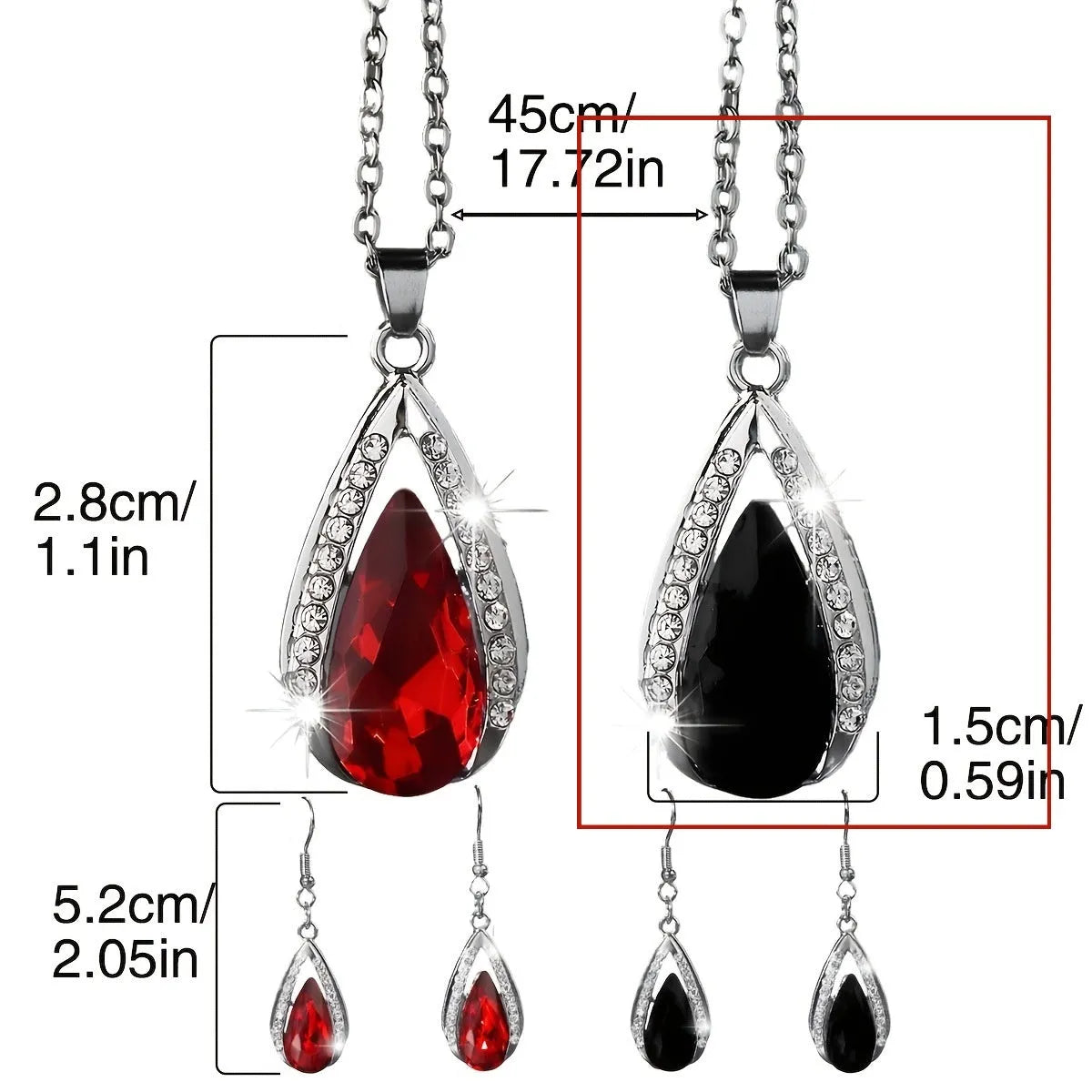 Black and red alloy necklace and earrings set with matching teardrop pendant and droplet earrings.