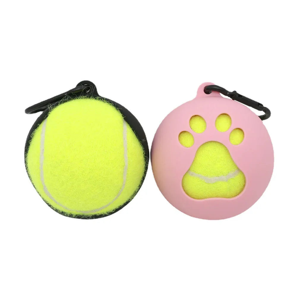 Portable tennis ball sheath for dogs, available in multiple colours, holds a standard tennis ball securely