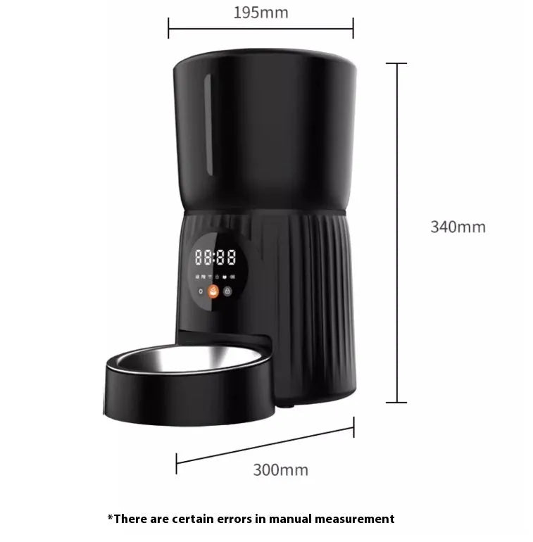 Black automatic pet feeder with digital LCD screen and large food container.