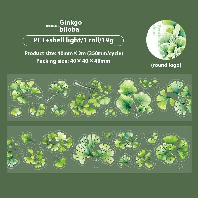 Deciduous Poetry Series decorative sticker roll showing six nature designs including ginkgo and maple leaves.
