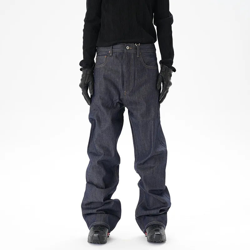 Dark blue casual loose straight fit jeans with straight leg cut on mannequin