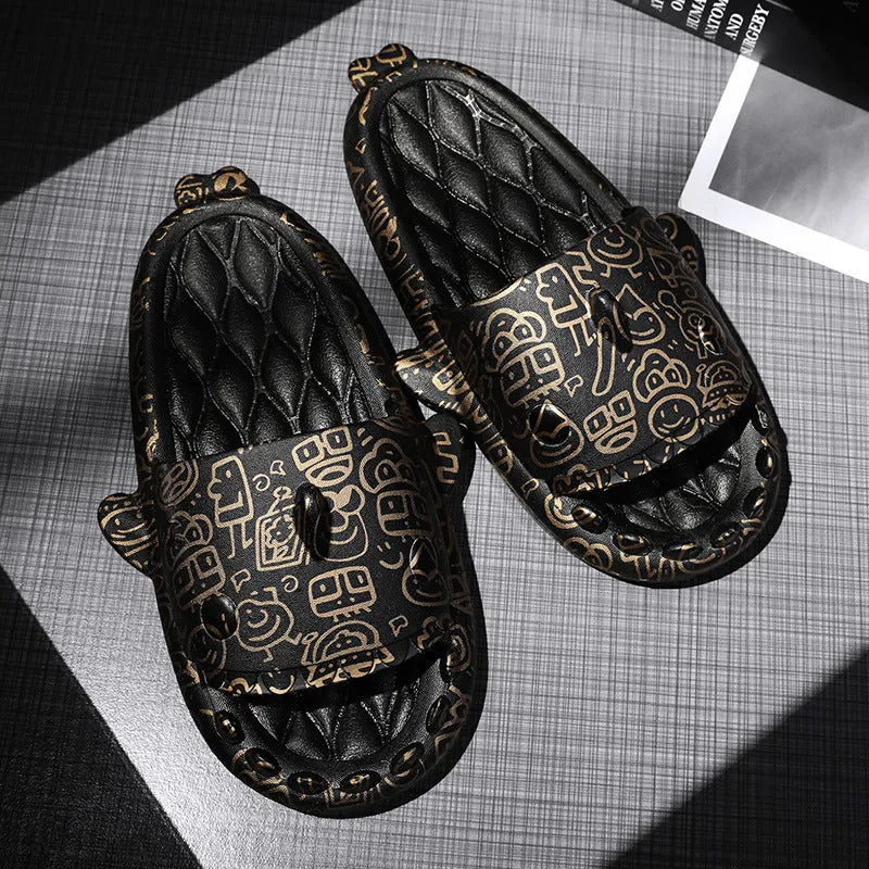 Casual open toe shark design EVA home slippers in beige colour on a white background.