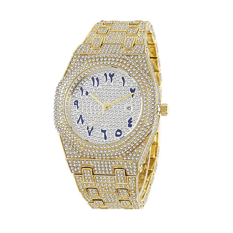 Men's hip hop full diamond Arabic scale quartz watch with 12mm thickness, stainless steel butterfly buckle and gold plated strap