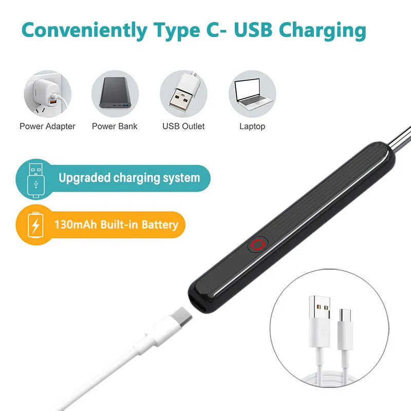 NE3 wireless otoscope ear cleaner with camera, LED light, and spoon heads on a white background.