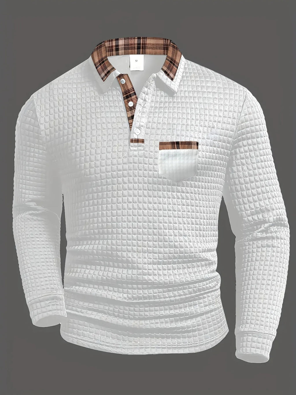 Men's casual solid colour polyester polo shirt in black, front view, plaid pattern visible