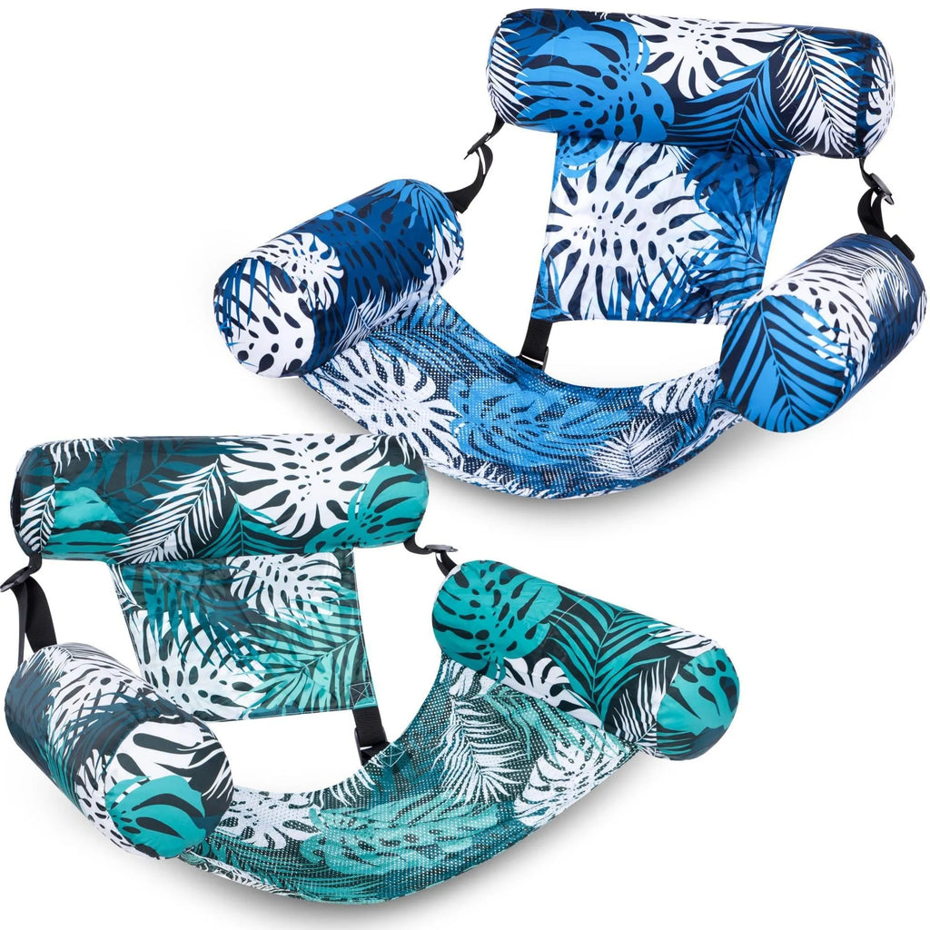 Inflatable floating hammock water chair in blue leaves pattern, ordinary PVC, 76x35x60cm, with hand pump
