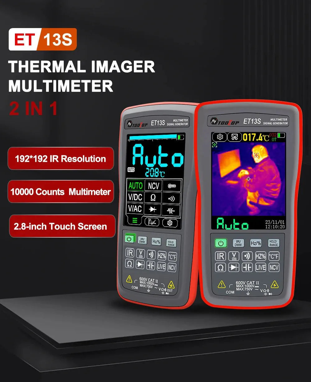 ET13S thermal imaging multimeter showing 2.8-inch colour touch screen displaying a thermal image and multimeter readings.
