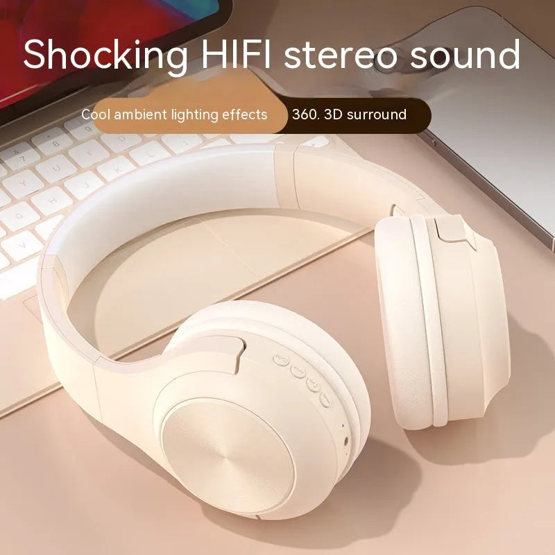 Personalised wireless Bluetooth headset in youth green colour showing head-mounted design and charging case.