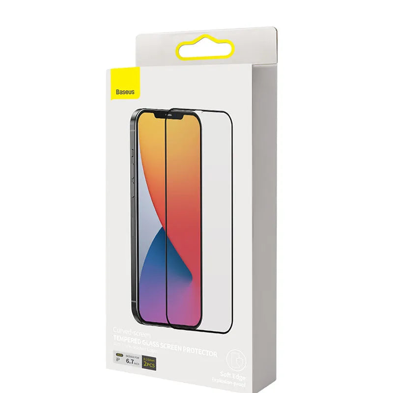 0.23mm curved tempered glass film for iPhone 12 mini in solid black, with non-broken edge and full-screen coverage.