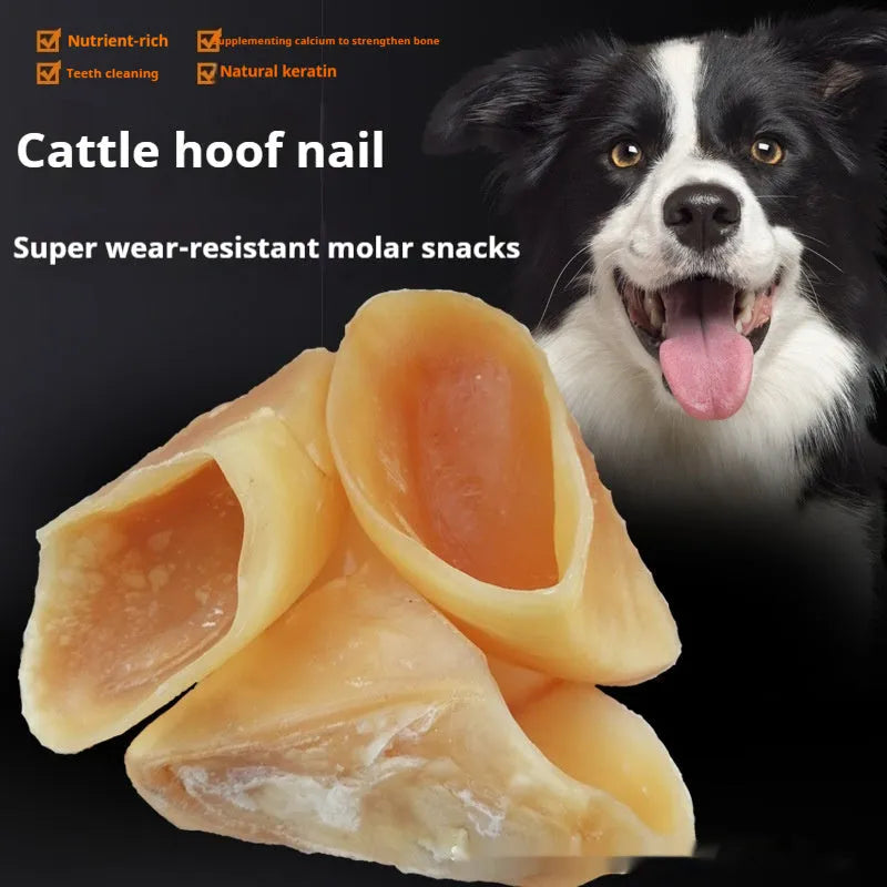 Natural cowhide dog chew rod in hoof shell colour, shown in small and large size options.