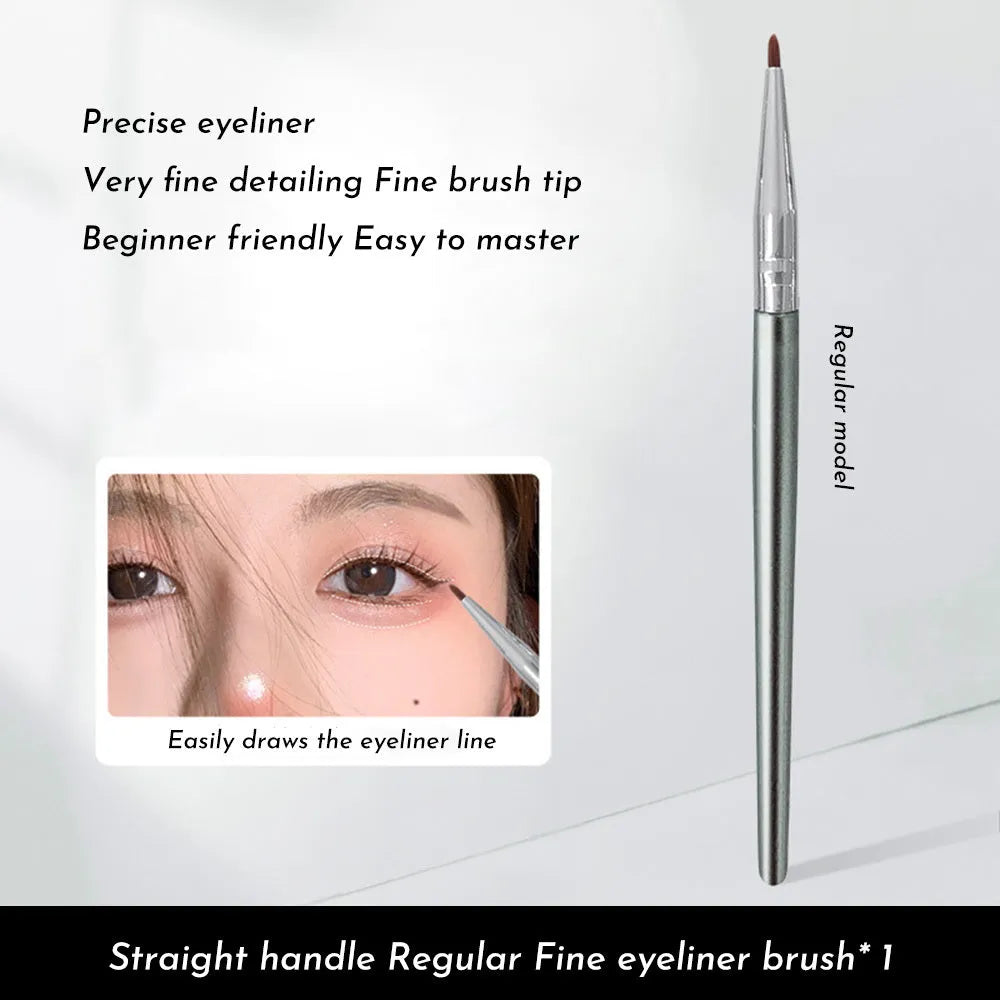 Close-up of a black angled eyeliner brush with a fine point, bent at 45 degrees for precise makeup application.
