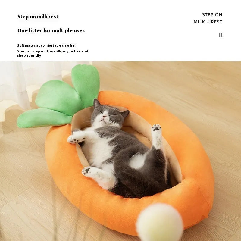 Reversible carrot-print cloth pet mat for dogs, shown in medium and large sizes.