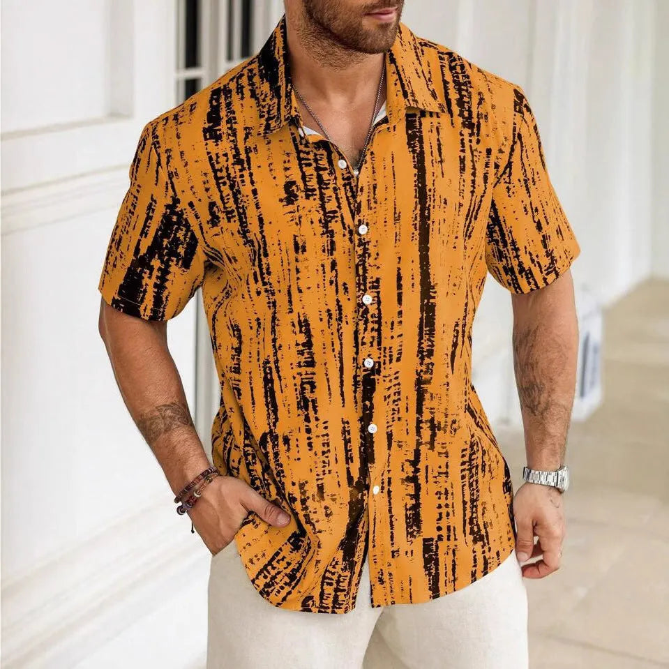 Men's short sleeve casual shirt with 3D printed stripes in apricot colour on a hanger.