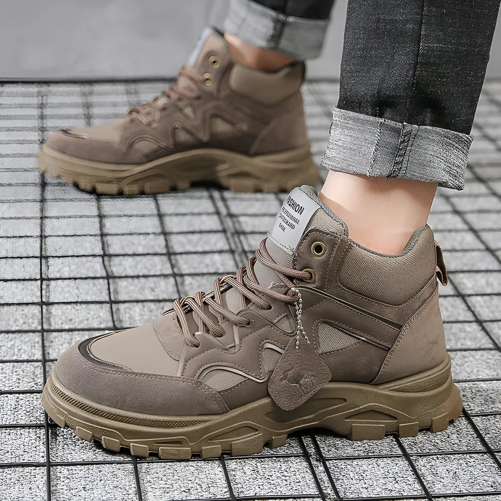 Men's thick sole high-top casual shoes with mid heel, round toe, front lace-up, in black solid colour