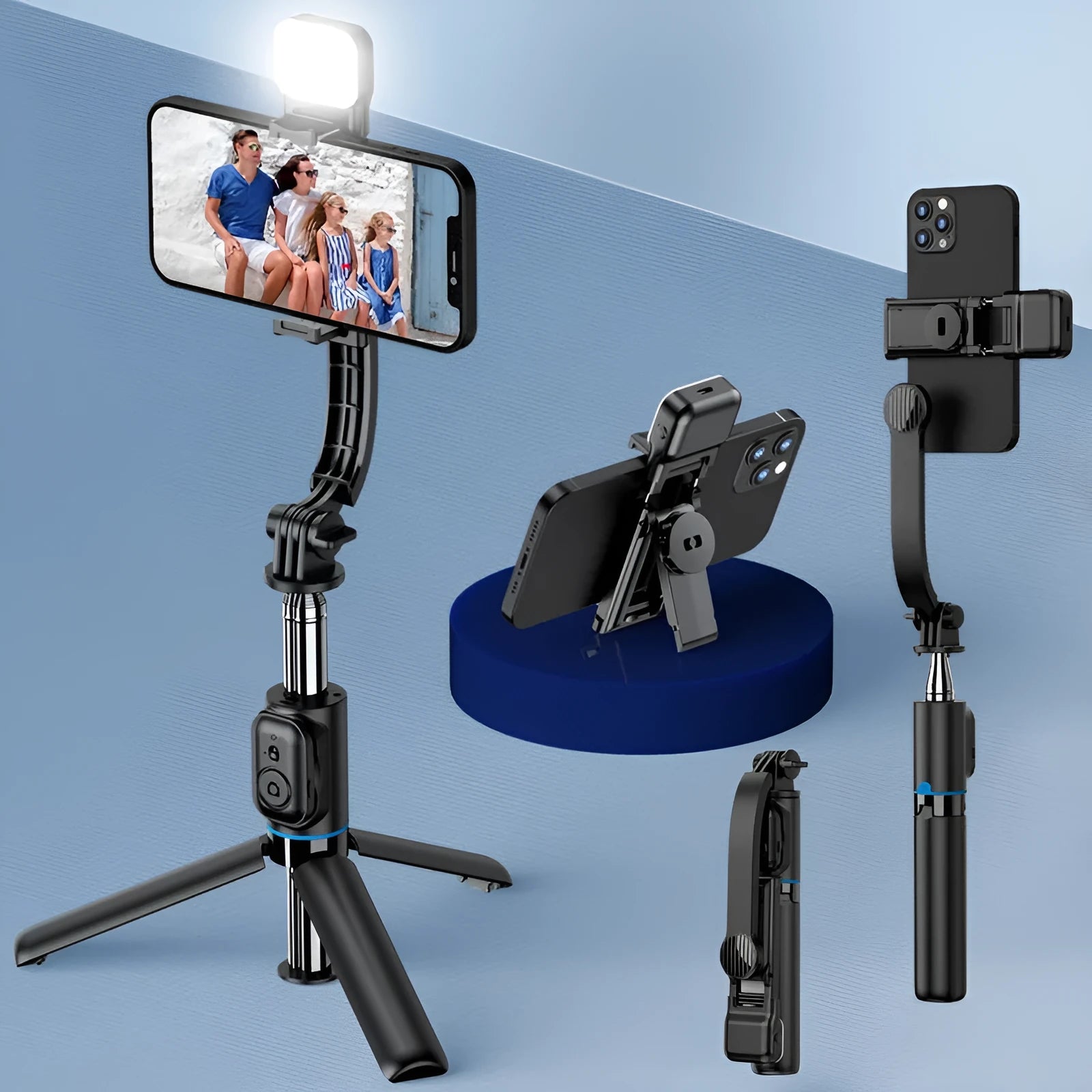 Black detachable desktop stand Bluetooth selfie stick extended to 1060mm with phone in holder