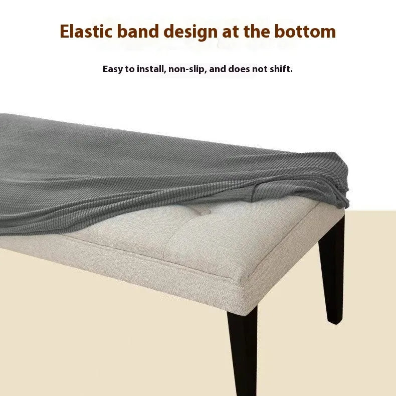 Stretch chair cover 150x45x14cm in plush fabric with non-slip base, shown in beige colour option
