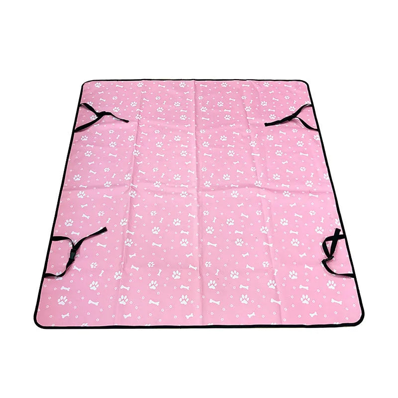 Grey car pet mat with dog bone print covering a vehicle's rear seat.