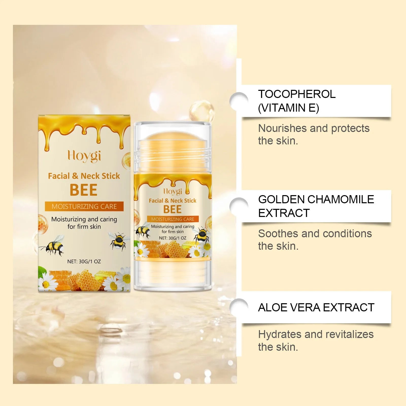30g moisturising facial essence stick with natural extracts including aloe vera and honey