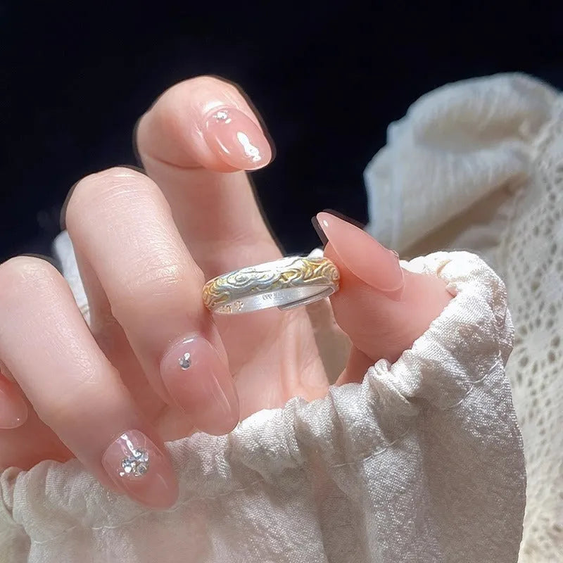 J14 Xiangyun pattern open-mouth ring with geometric shape and silver gold electroplated finish