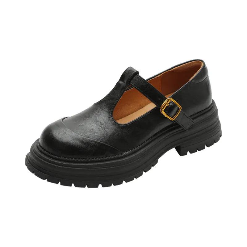 Vintage Mary Jane T-strap pumps for women, round toe, mid heel, buckle closure, black microfiber