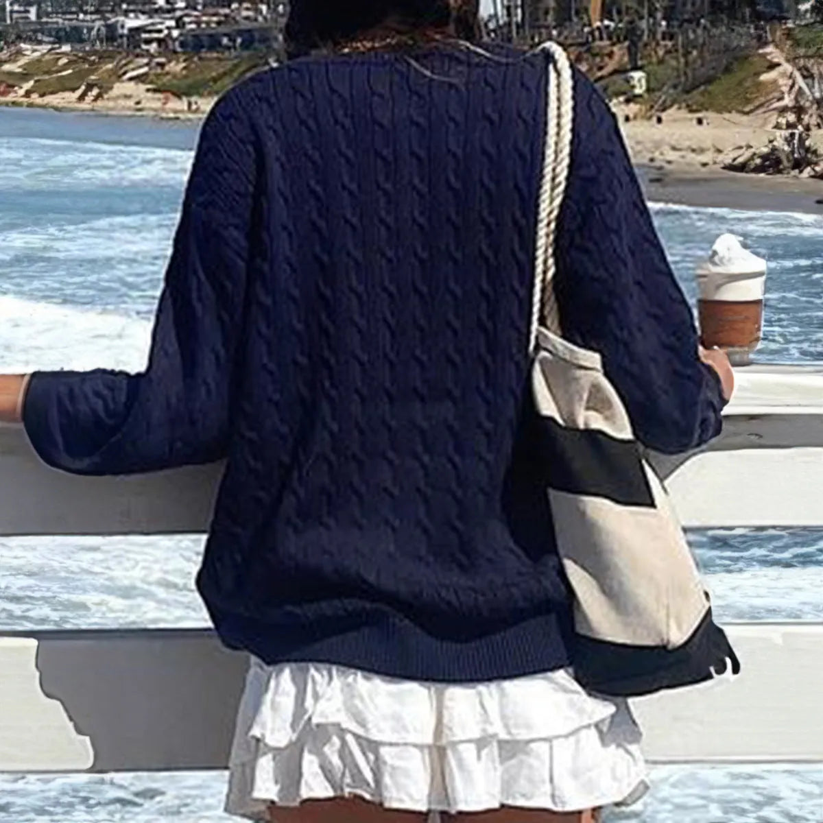 Solid colour viscose long-sleeved knitwear top in navy blue with regular sleeve design