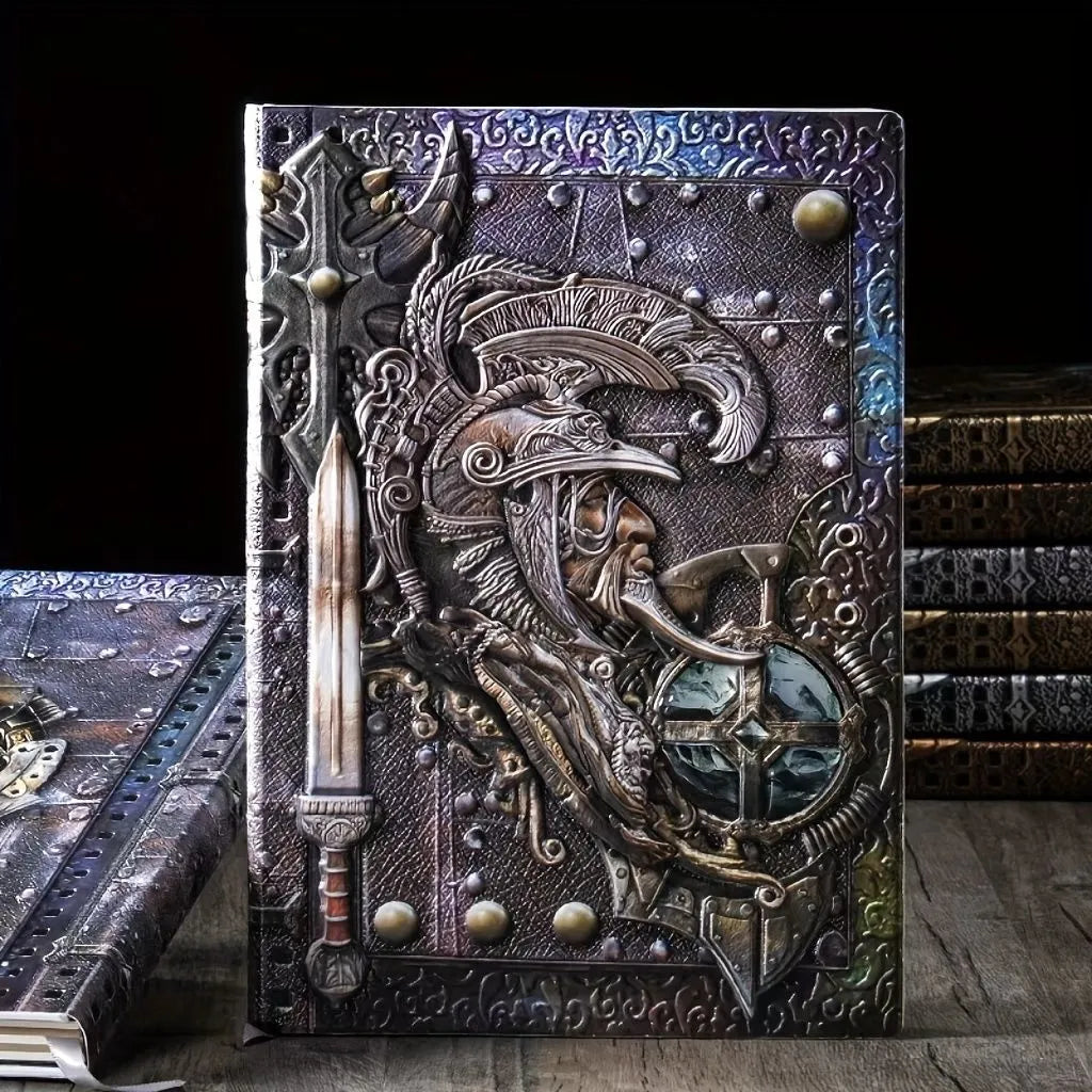Handmade leather A5 notebook with 3D embossed warriors relief on the cover, showing bronze colour option.