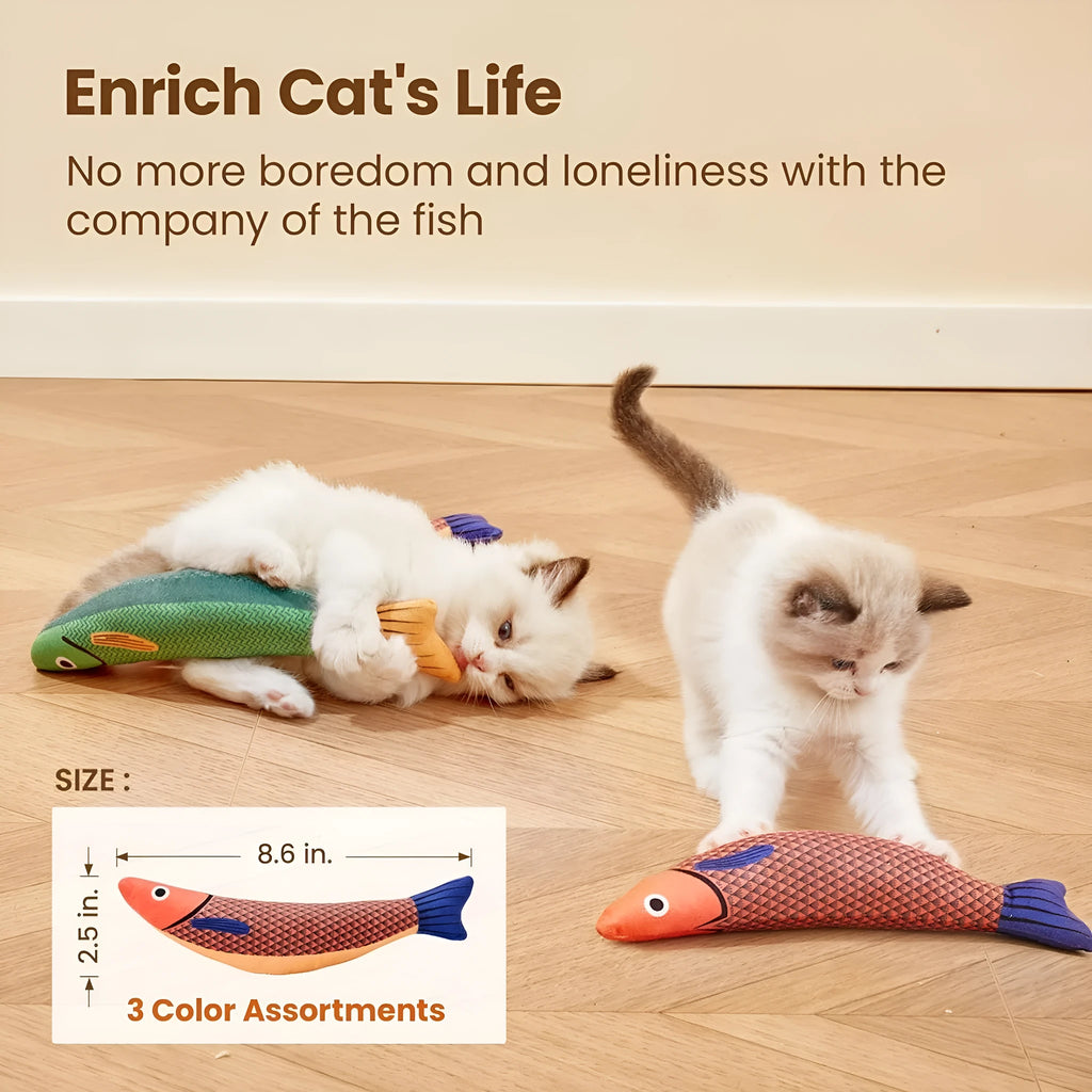 Plush fish-shaped cat kicker toy with organic catnip filling in green, orange and yellow colours