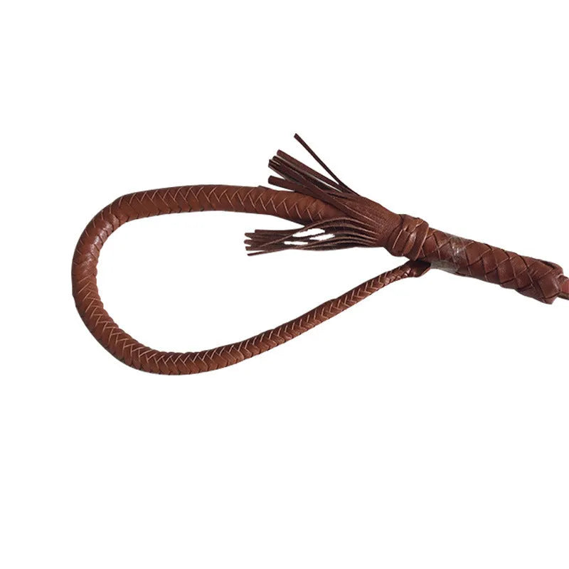 Brown cowhide woven horsewhip, 85cm long, leather equestrian and farm tool