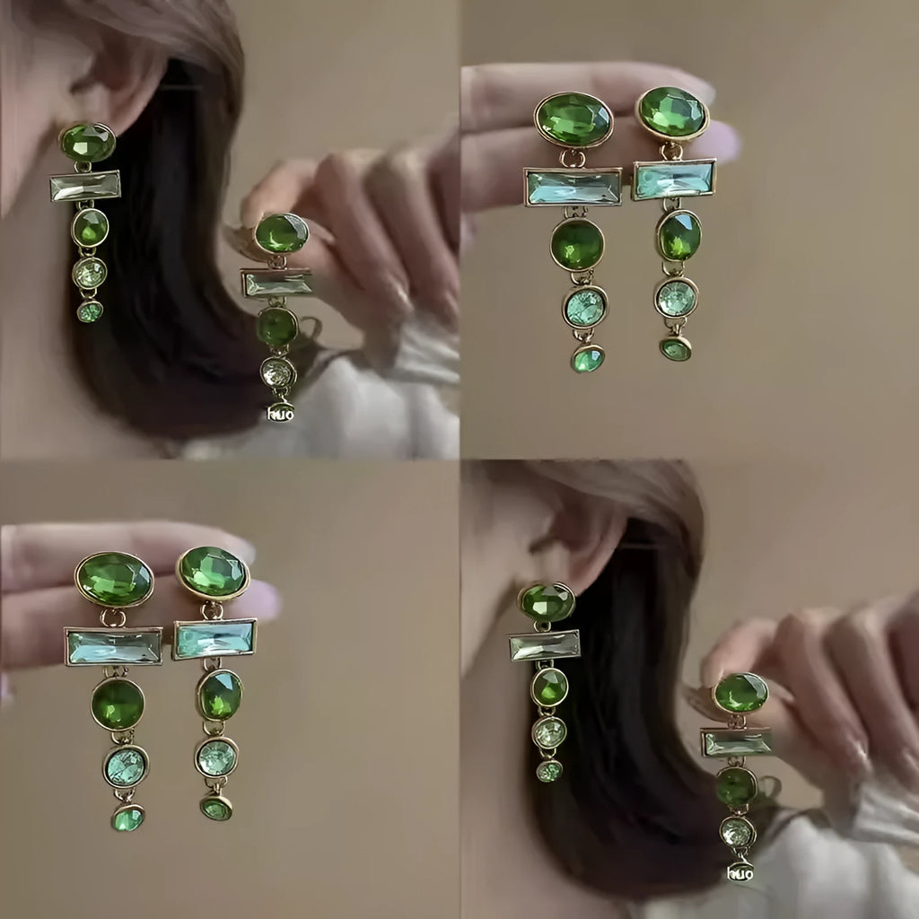 Pair of green gradient geometric alloy earrings with inlaid zircon stones and a dangling tassel.