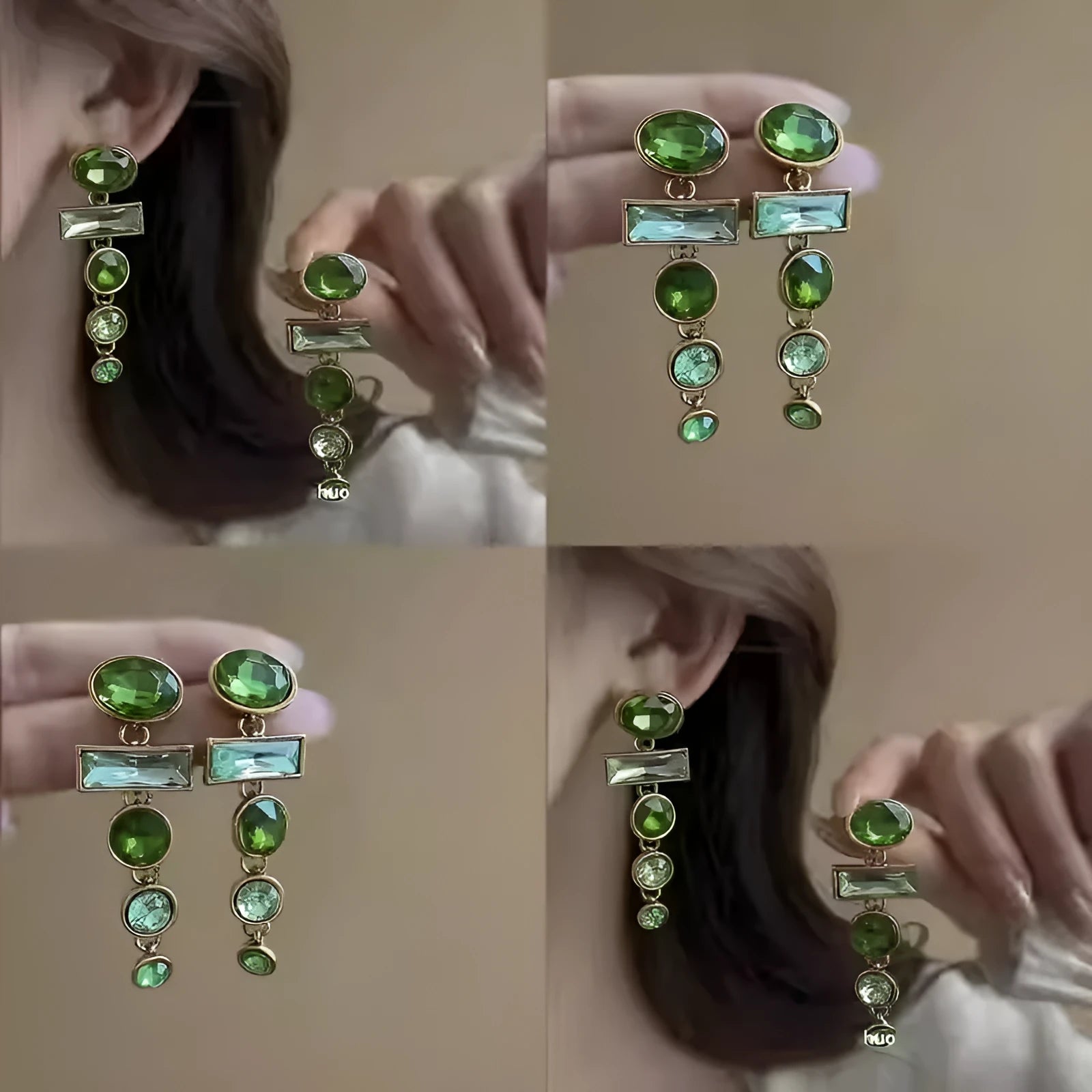 Pair of green gradient geometric alloy earrings with inlaid zircon stones and a dangling tassel.