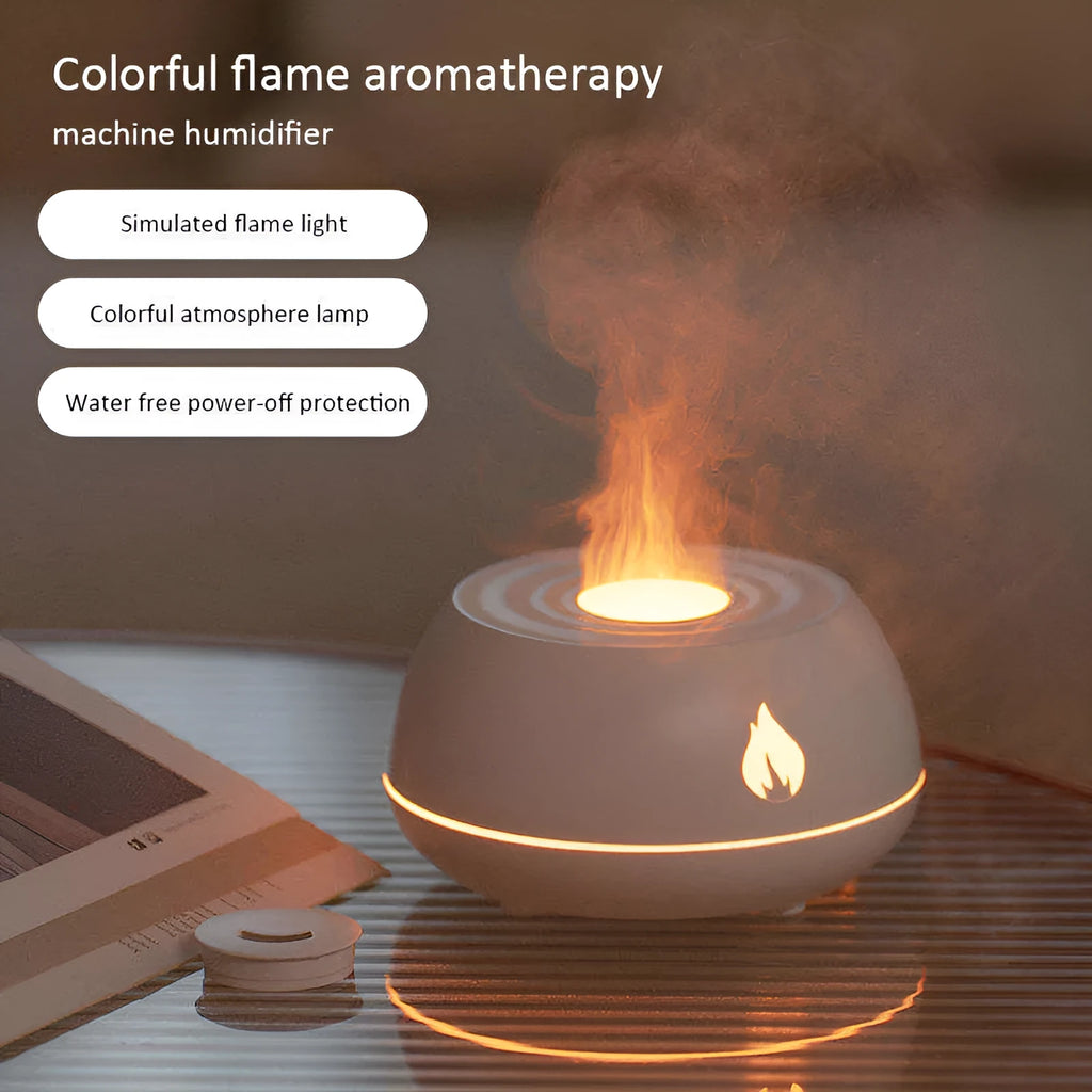 Black flame effect humidifier diffuser with LED lights on a wooden surface